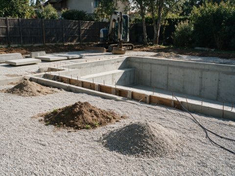 Bassin de piscine en béton en cours de construction dans un jardin, coffrage et ferraillage visibles
