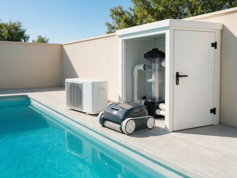 Robot nettoyeur de piscine, pompe à chaleur et local technique avec filtre à sable au bord d'un bassin