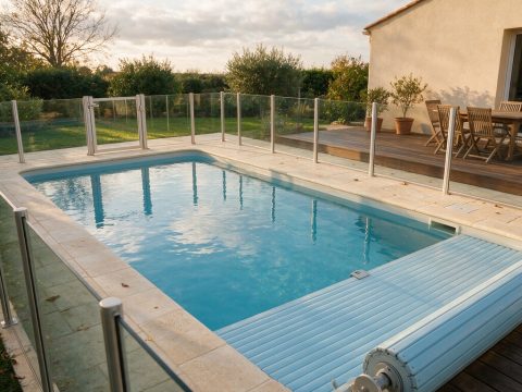 Barrière de sécurité en verre et volet roulant immergé autour d'une piscine enterrée